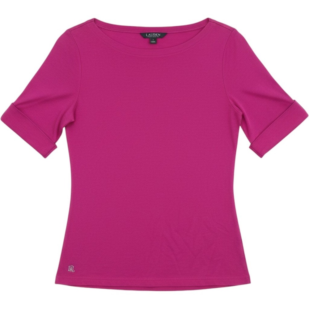 Lauren Ralph Lauren Magenta Pink Boat Neck Cuffed Short Sleeve Cotton Top Large
